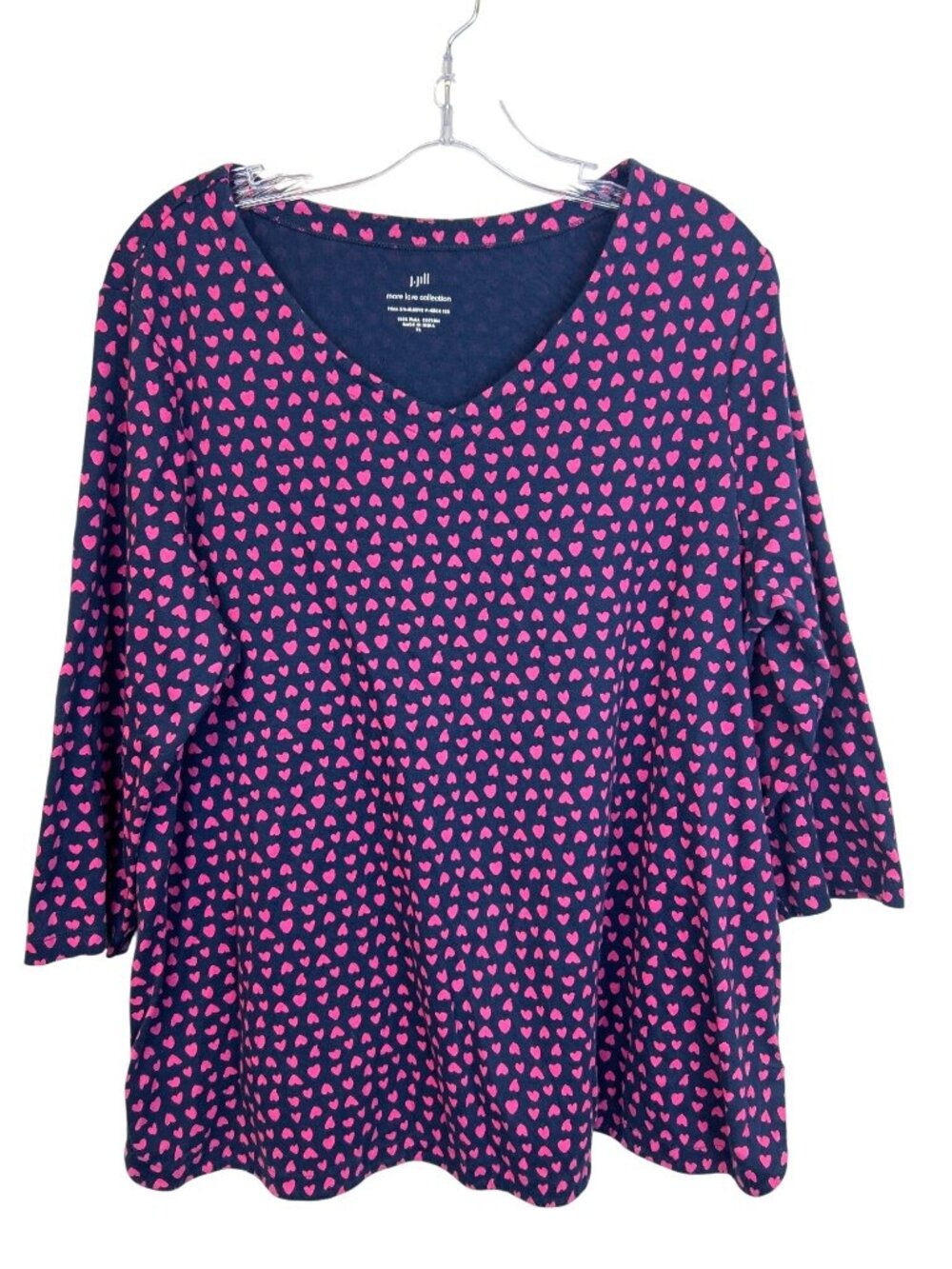 J. Jill Navy & Pink Heart Print Pima Cotton 3/4 Sleeve V-Neck Tee Top XL